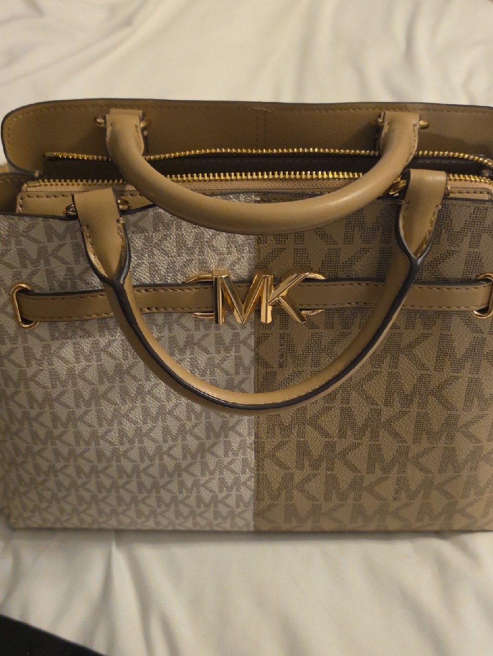 Michael Kors Two-Tone Beige/Tan MK Logo Satchel